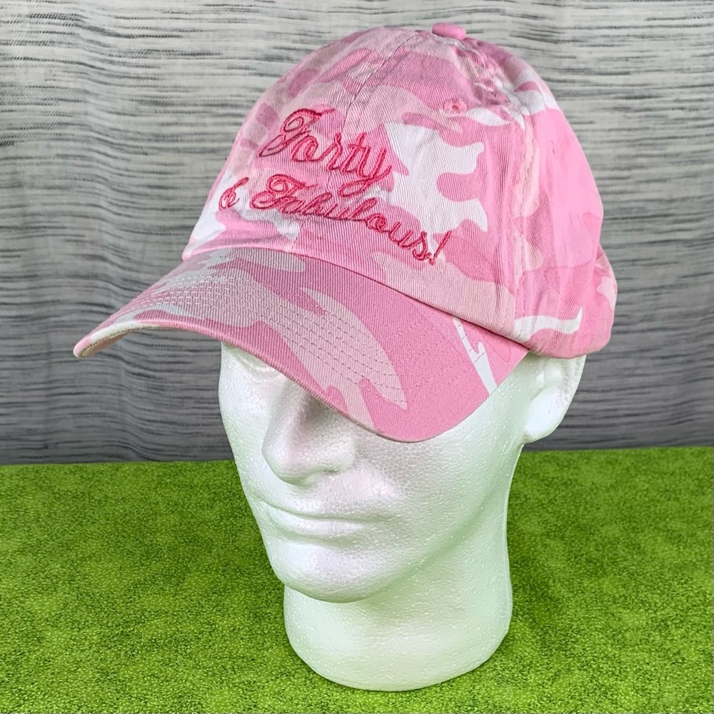 Port Authority pink camouflage novelty “Forty & Fabulous” ball cap.